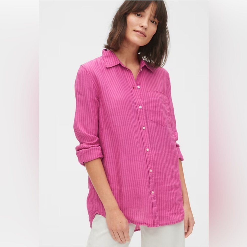 Gap Boyfriend Fit 100% Linen in Pink City Striped Button Down